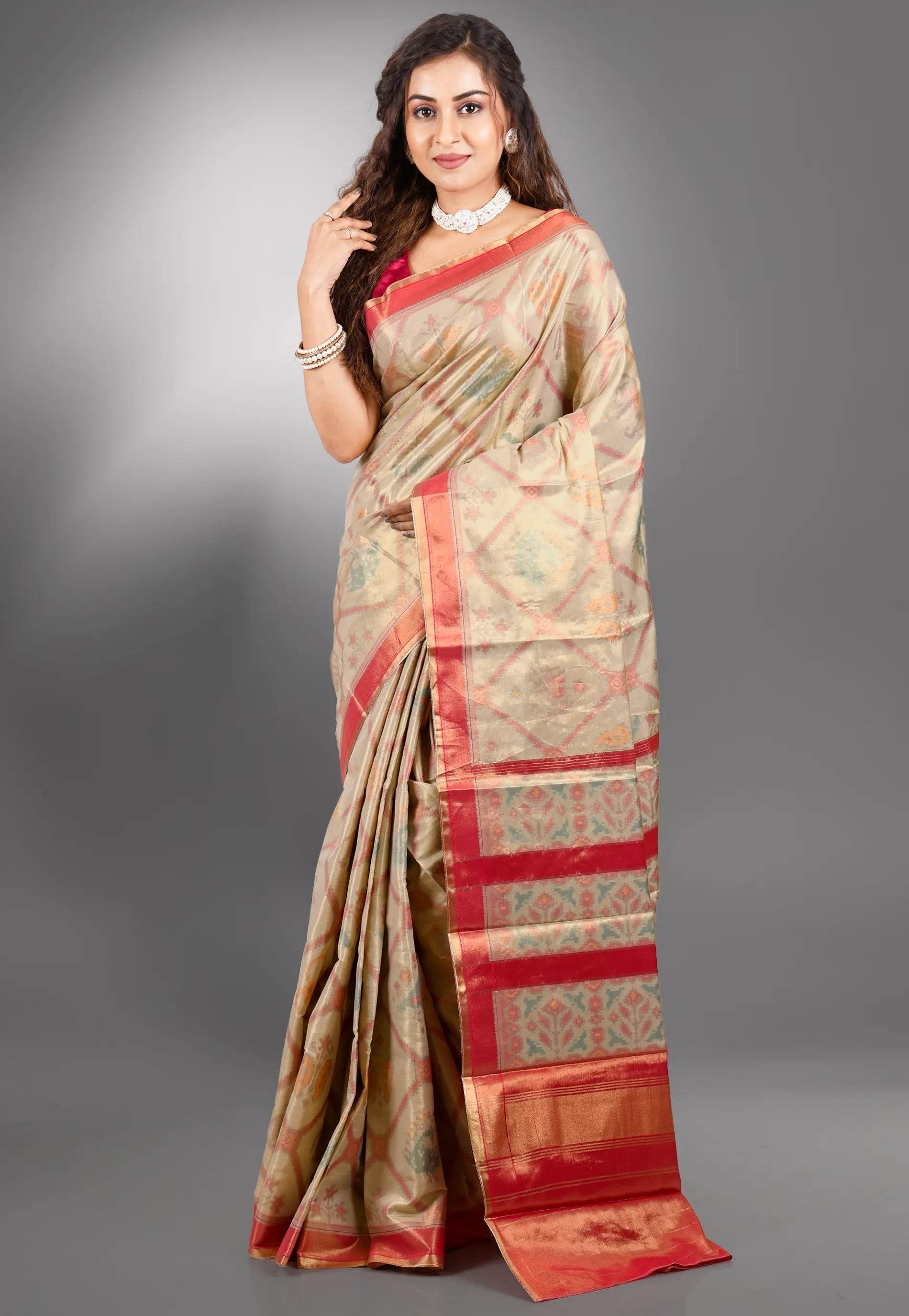 Beige Tissue Kanjivaram Silk Saree With Blouse Piece - Adi Akshoy & Co.