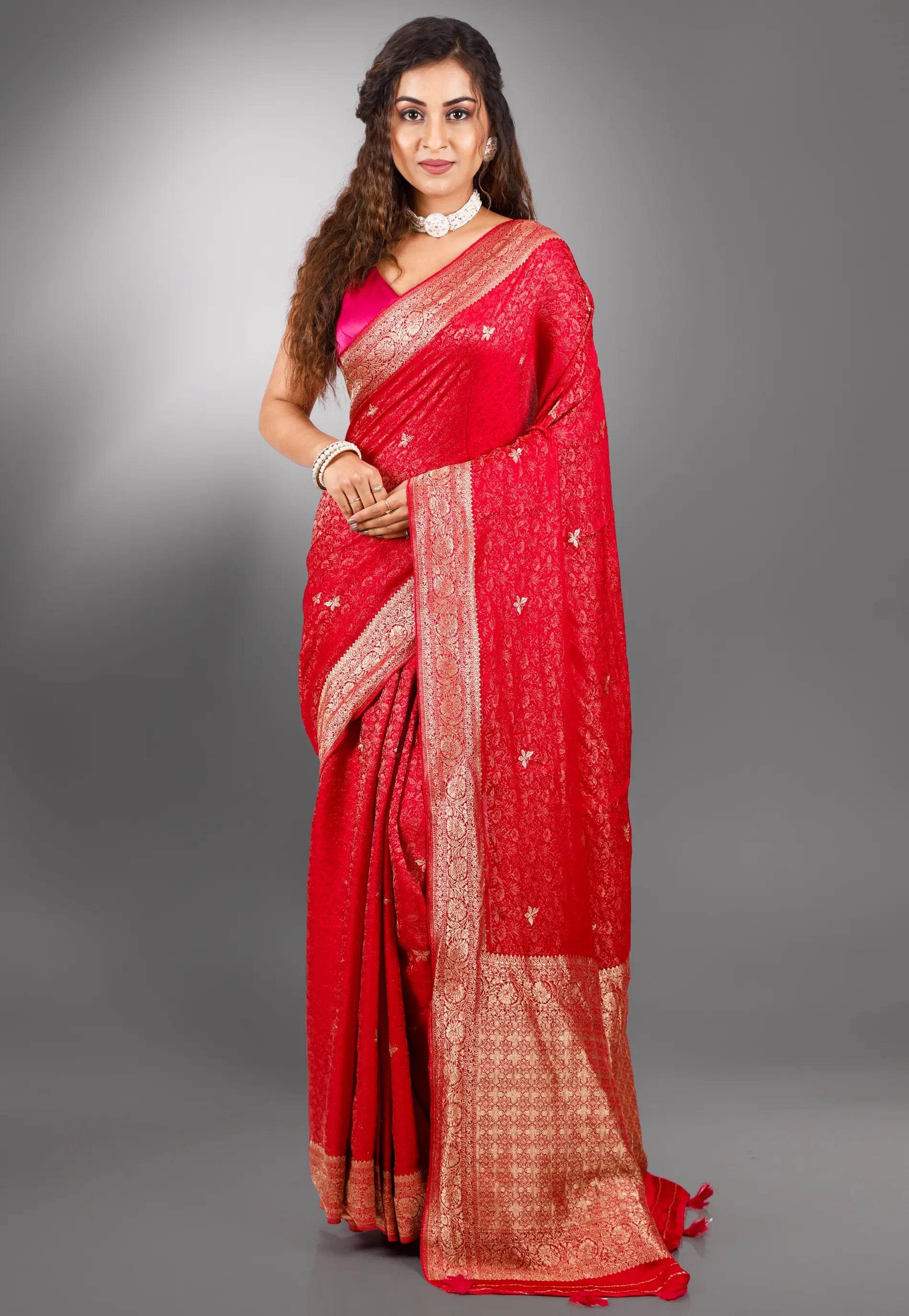 Red Mashru Silk Saree with Blouse Piece - Adi Akshoy & Co.
