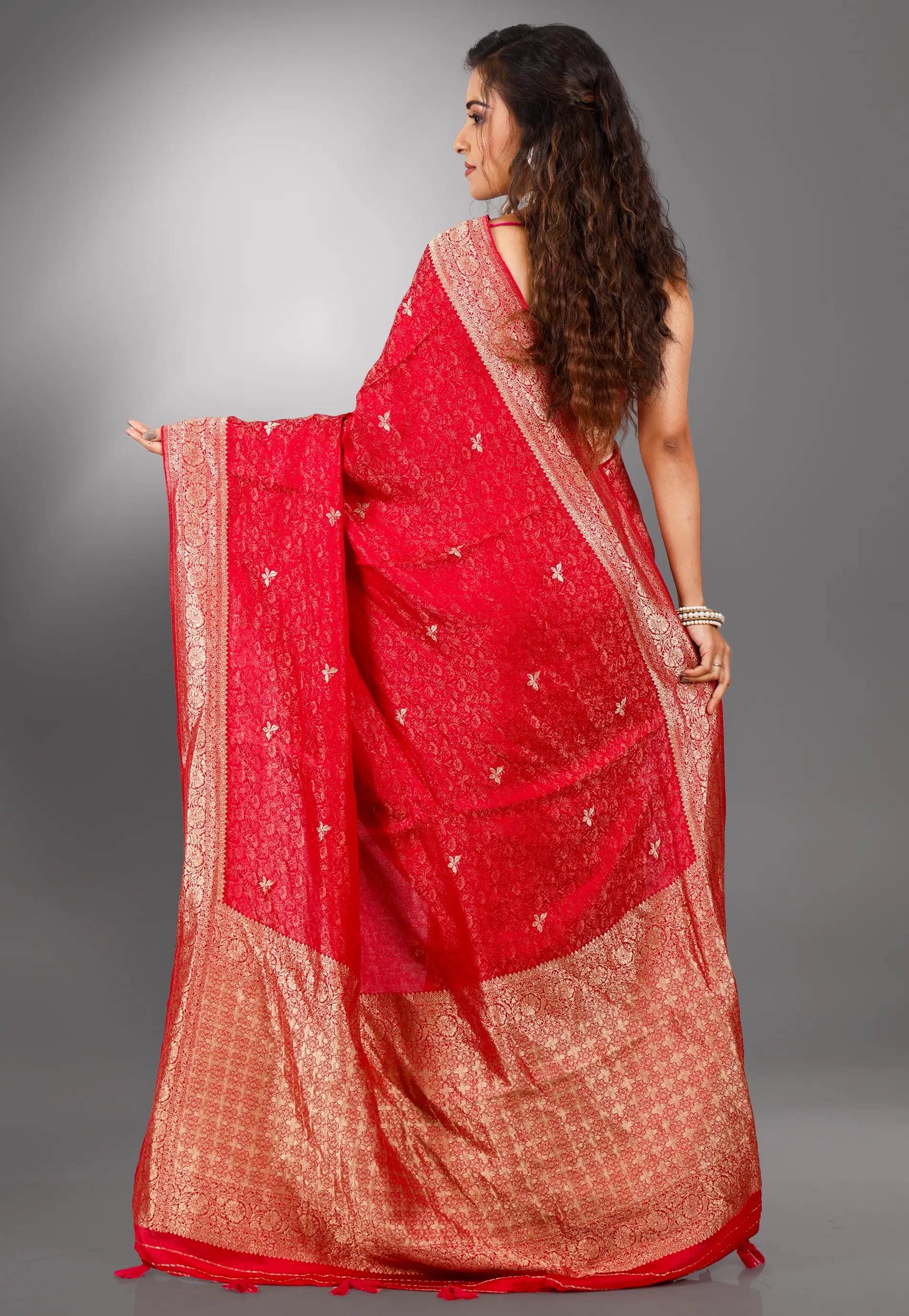 Red Mashru Silk Saree with Blouse Piece - Adi Akshoy & Co.