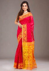 Rani with Yellow Border Dhakai Jamdani Cotton Saree without Blouse Piece - Adi Akshoy & Co.
