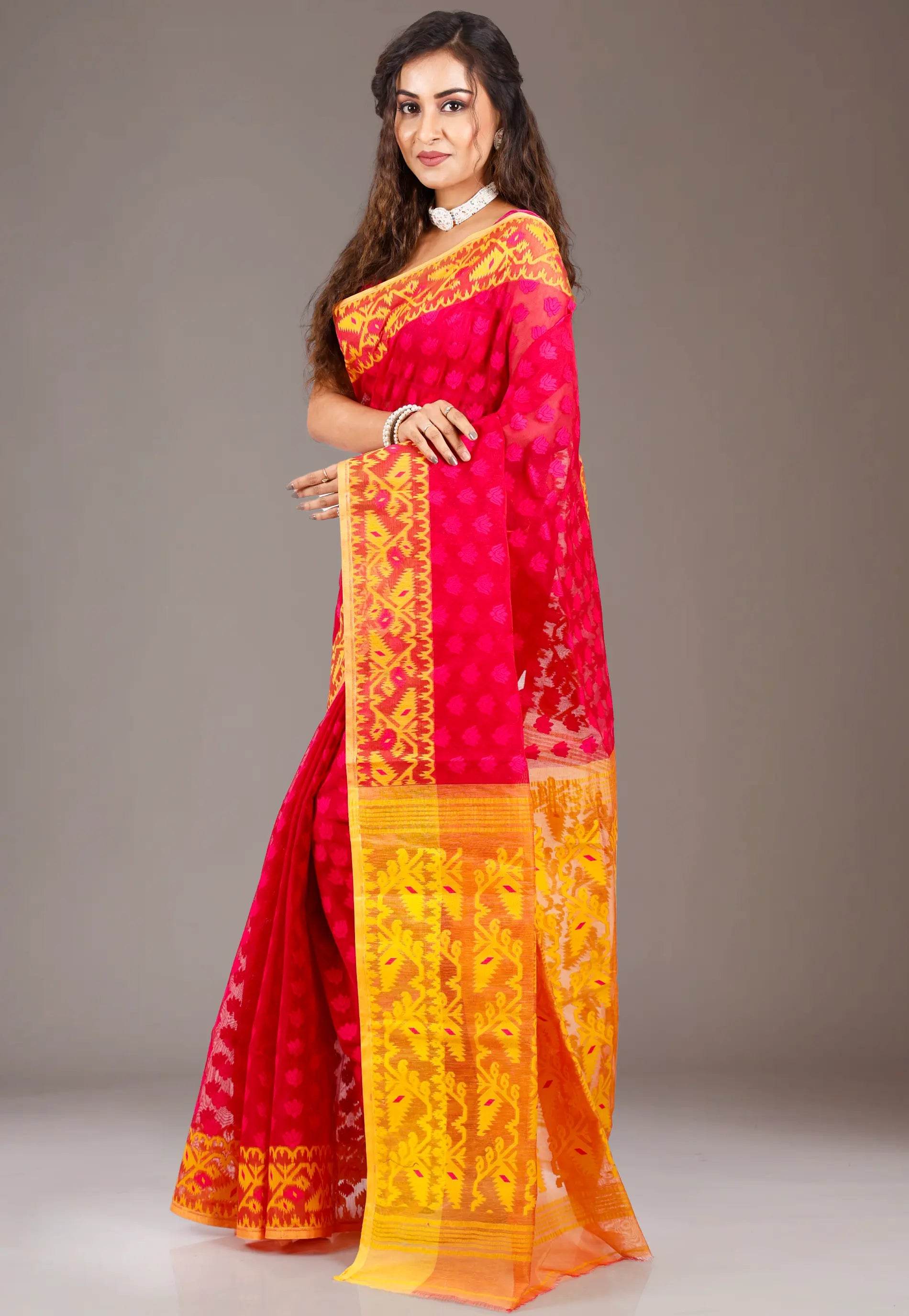 Rani with Yellow Border Dhakai Jamdani Cotton Saree without Blouse Piece - Adi Akshoy & Co.