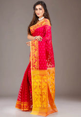 Rani with Yellow Border Dhakai Jamdani Cotton Saree without Blouse Piece - Adi Akshoy & Co.