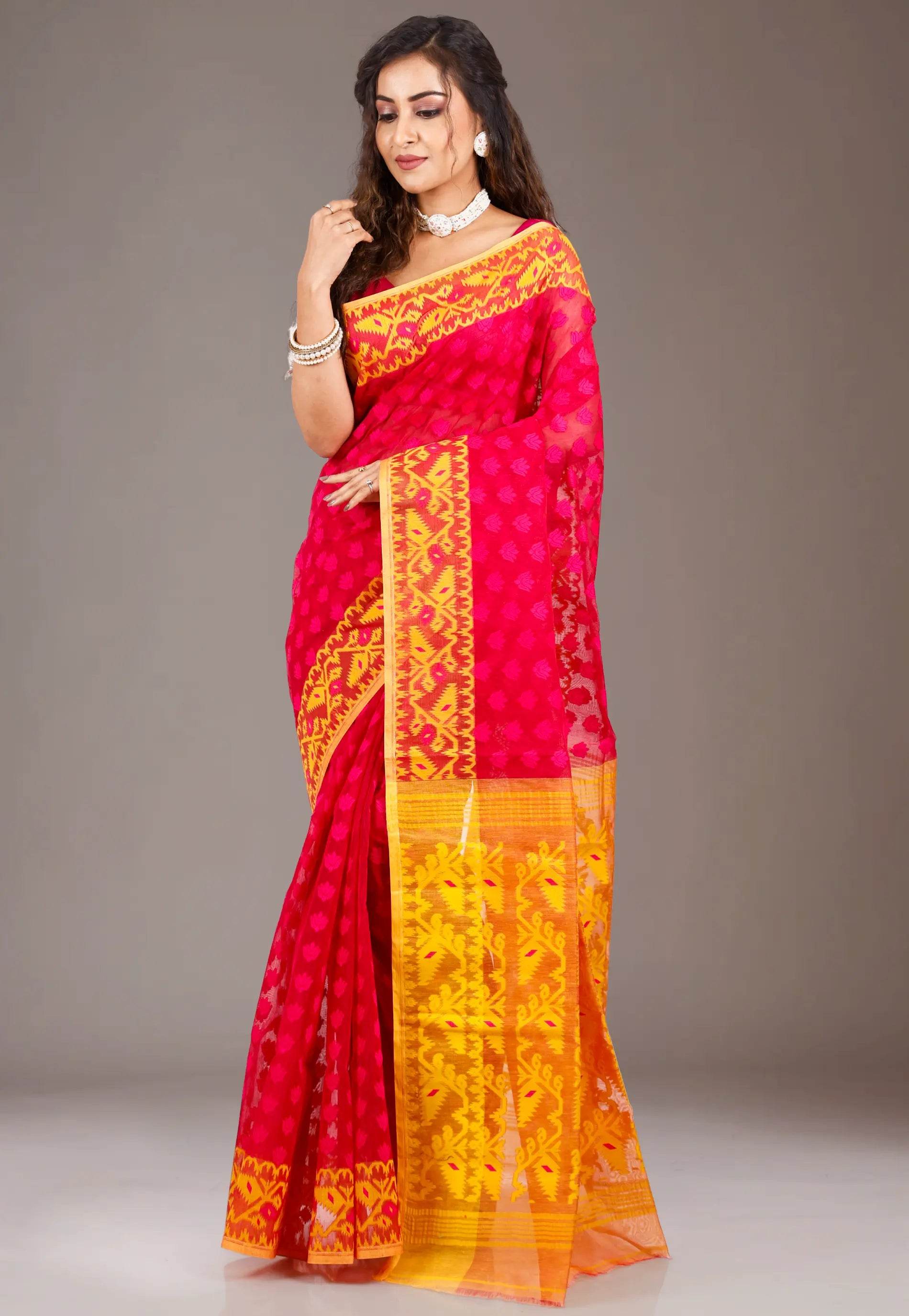 Rani with Yellow Border Dhakai Jamdani Cotton Saree without Blouse Piece - Adi Akshoy & Co.