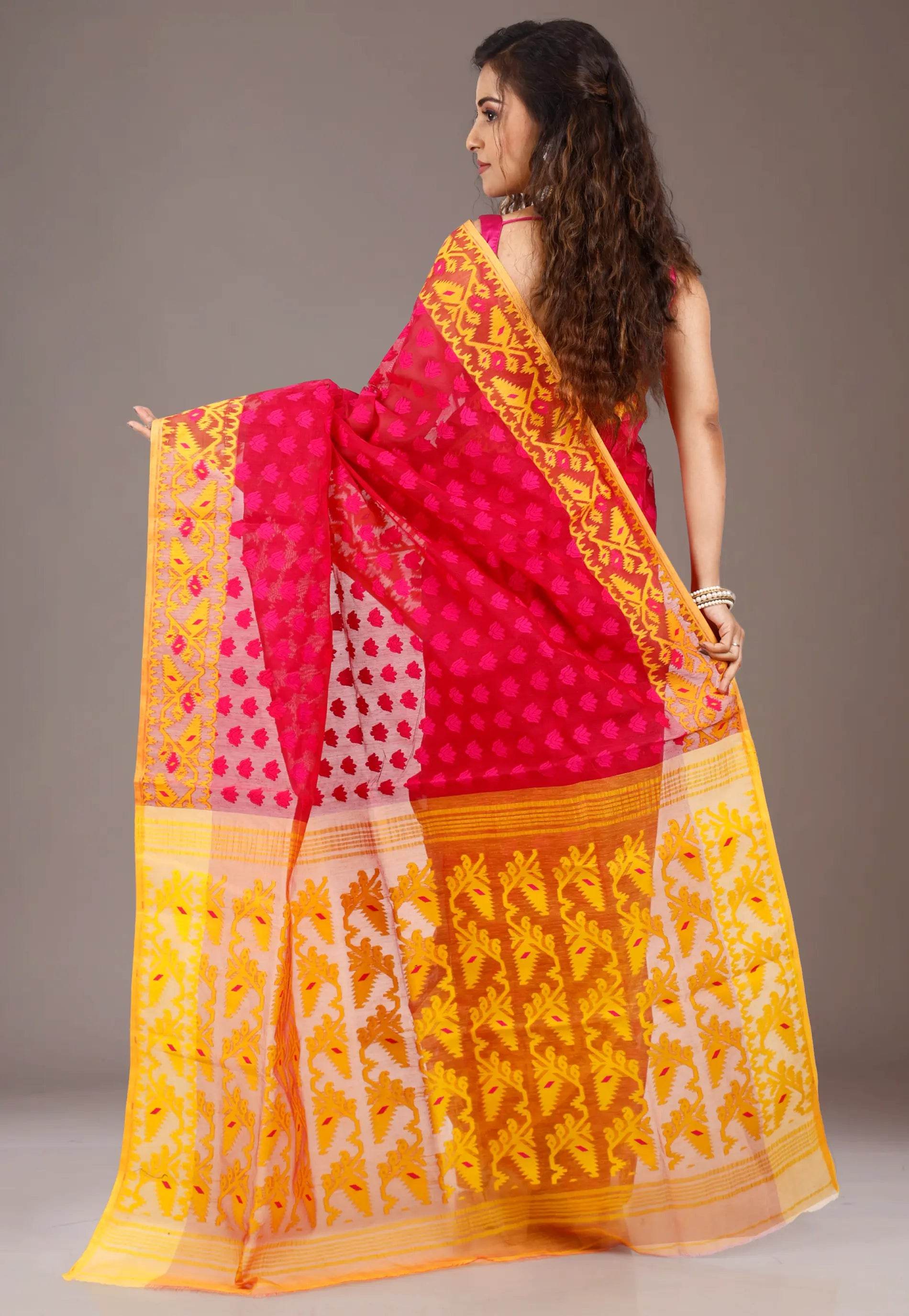 Rani with Yellow Border Dhakai Jamdani Cotton Saree without Blouse Piece - Adi Akshoy & Co.