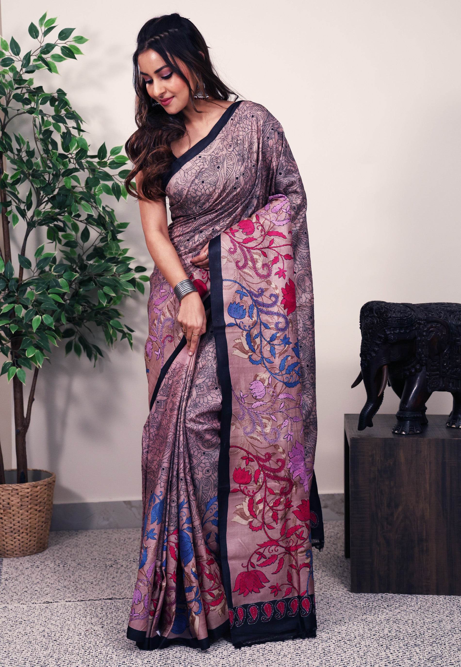 Tussar Pure Silk Kantha Saree With Blouse Piece - Adi Akshoy & Co.