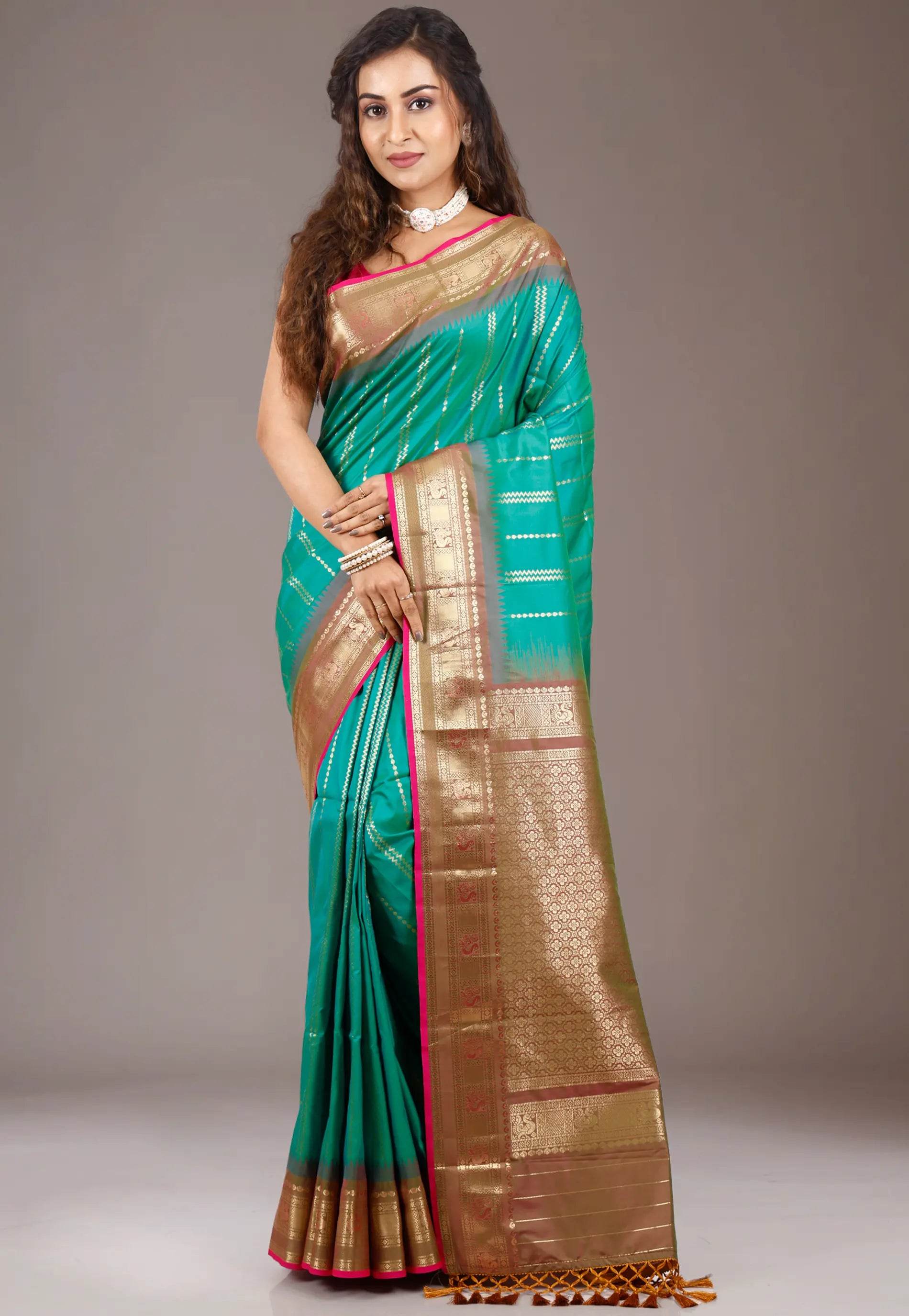 Rama Green with Golden Border Katan Silk Saree with Blouse Piece - Adi Akshoy & Co.