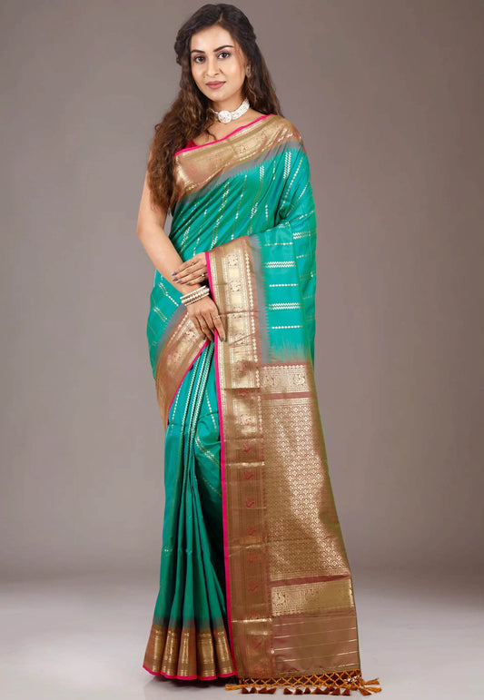 Rama Green with Golden Border Katan Silk Saree with Blouse Piece - Adi Akshoy & Co.