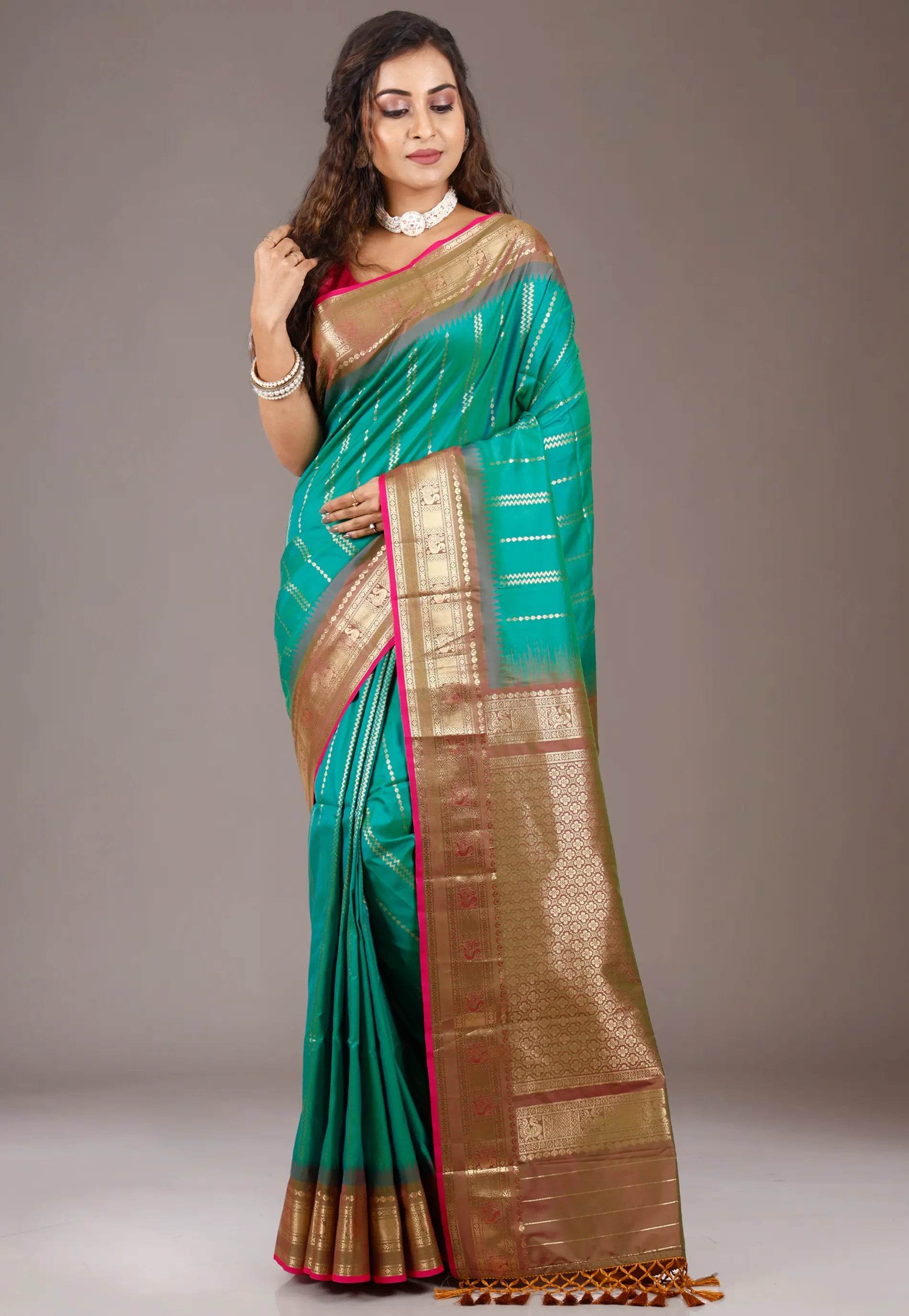 Rama Green with Golden Border Katan Silk Saree with Blouse Piece - Adi Akshoy & Co.