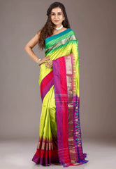 Parrot Green with Ganga-Jamuna Border (Green and Rani Pink) Handloom Ikkat Saree With Blouse Piece - Adi Akshoy & Co.