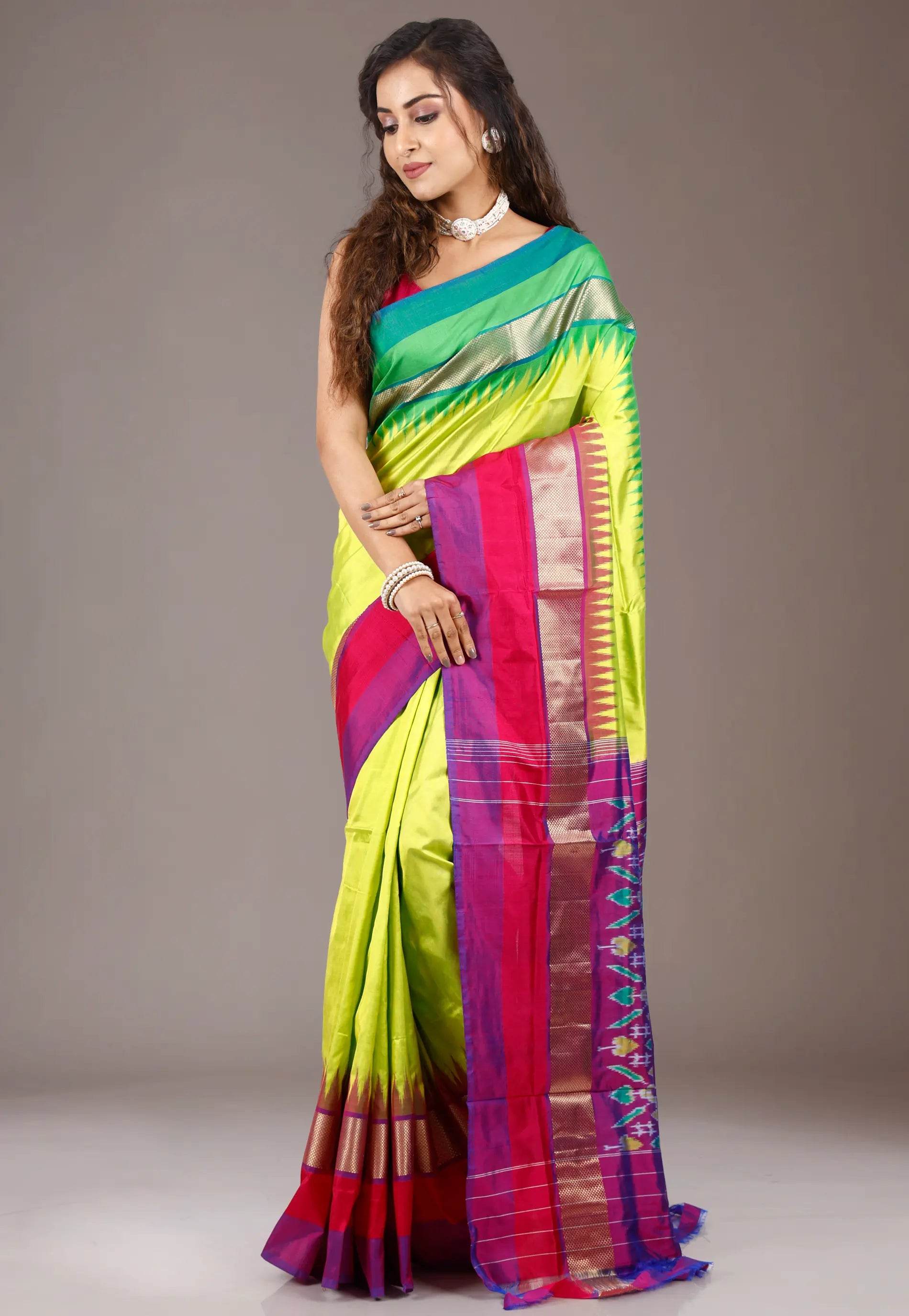 Parrot Green with Ganga-Jamuna Border (Green and Rani Pink) Handloom Ikkat Saree With Blouse Piece - Adi Akshoy & Co.