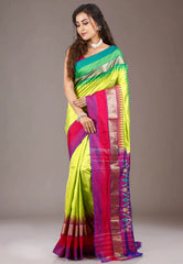 Parrot Green with Ganga-Jamuna Border (Green and Rani Pink) Handloom Ikkat Saree With Blouse Piece - Adi Akshoy & Co.