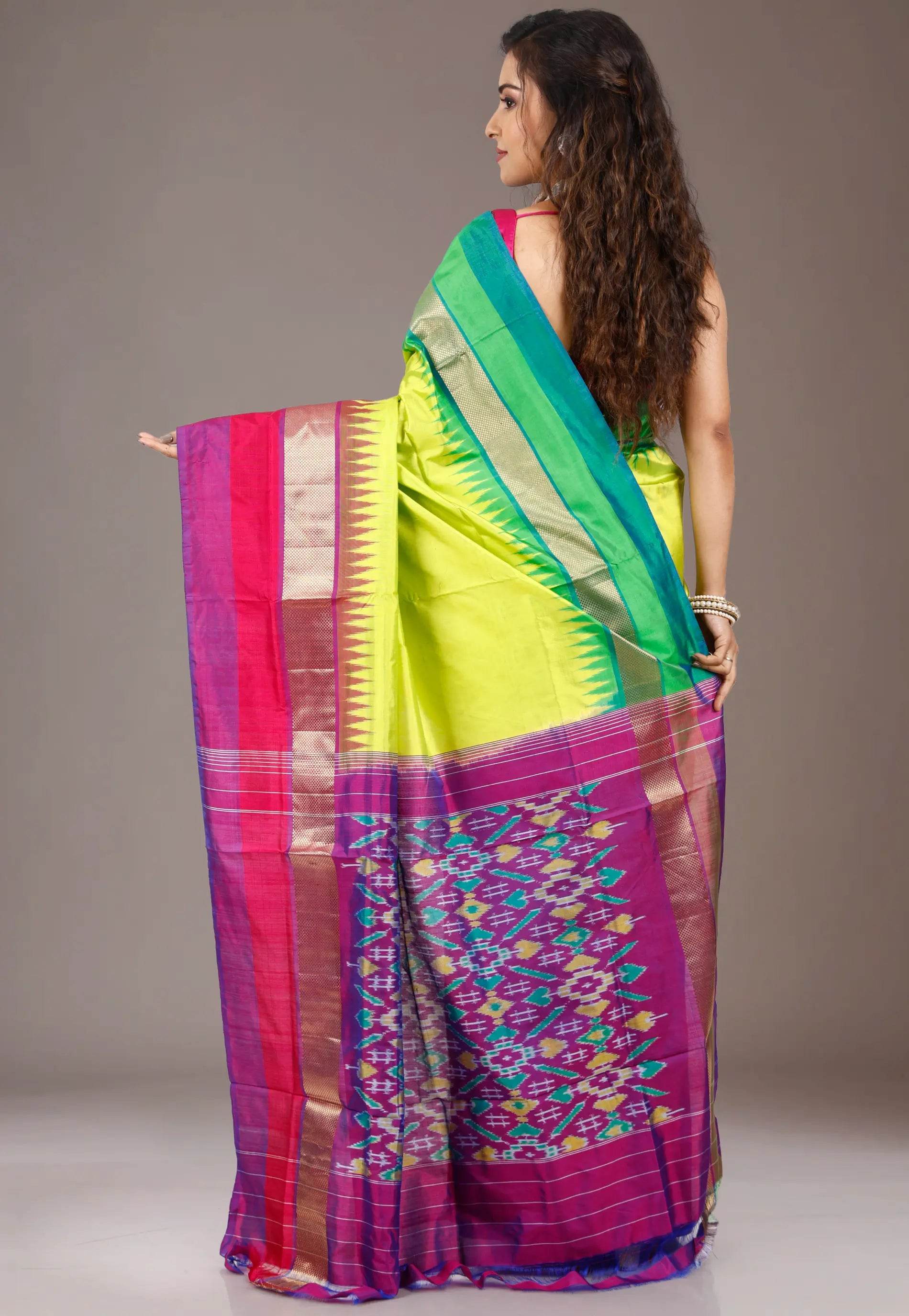 Parrot Green with Ganga-Jamuna Border (Green and Rani Pink) Handloom Ikkat Saree With Blouse Piece - Adi Akshoy & Co.