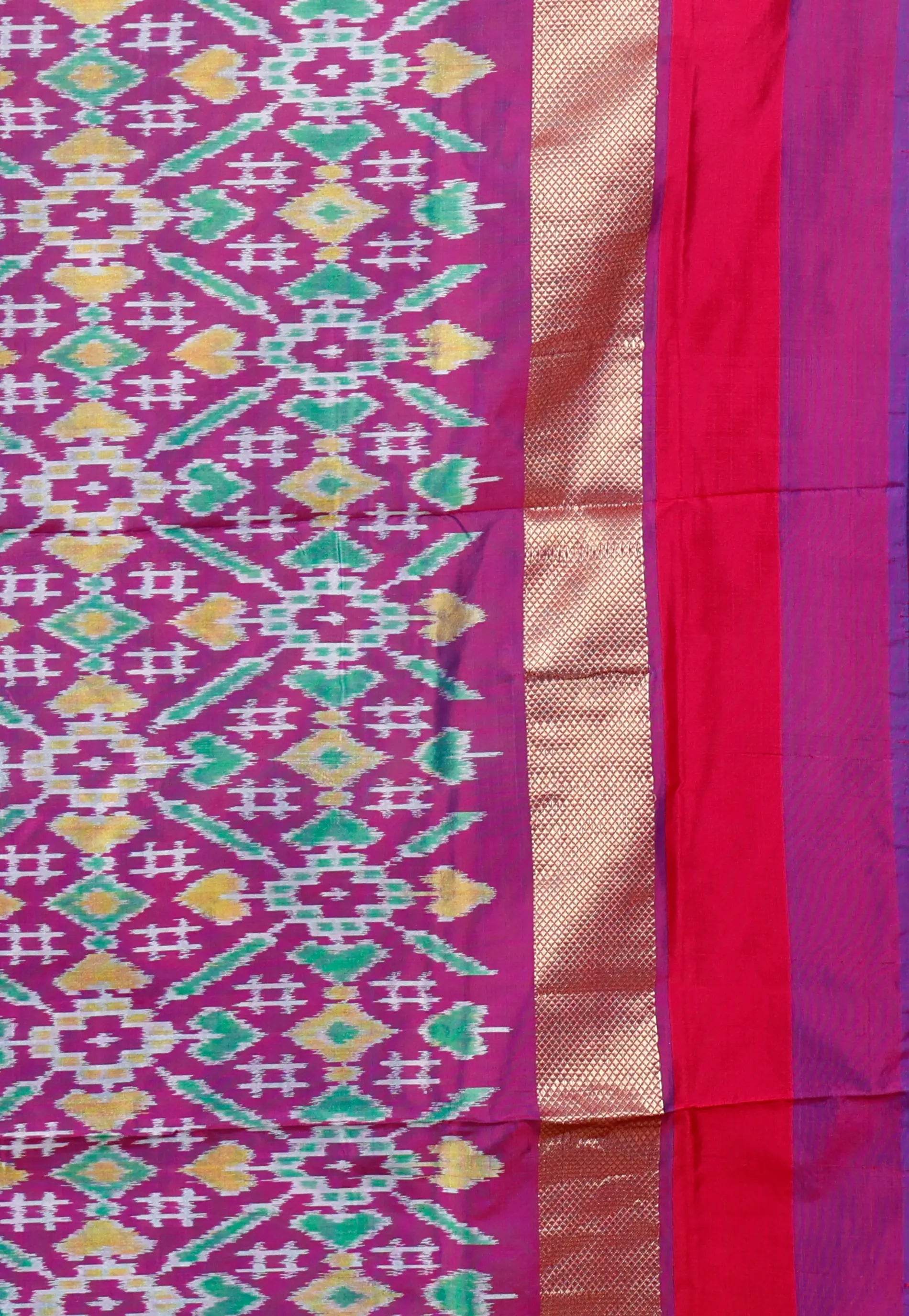 Parrot Green with Ganga-Jamuna Border (Green and Rani Pink) Handloom Ikkat Saree With Blouse Piece - Adi Akshoy & Co.