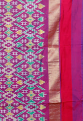 Parrot Green with Ganga-Jamuna Border (Green and Rani Pink) Handloom Ikkat Saree With Blouse Piece - Adi Akshoy & Co.