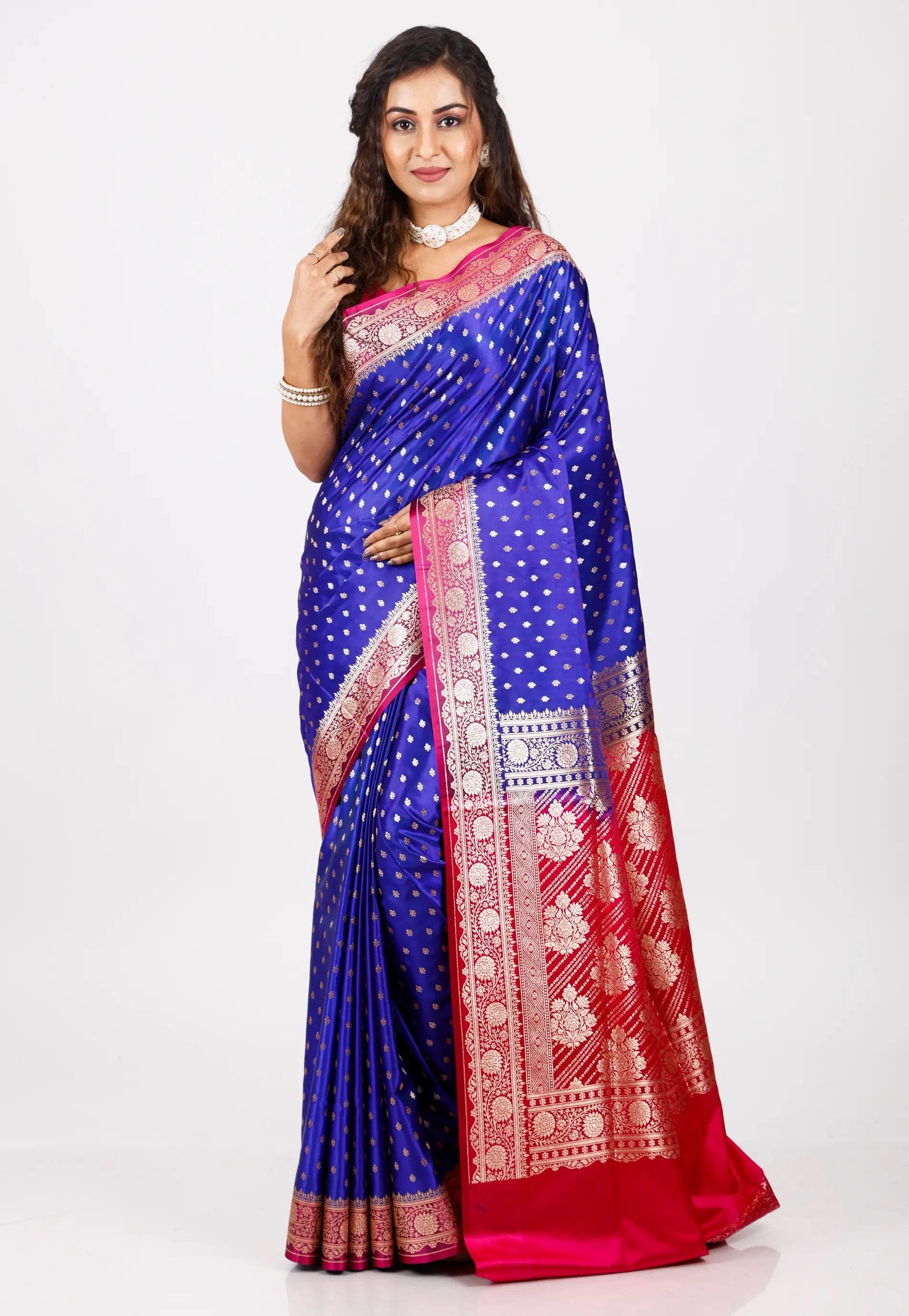 Royal Blue with Rani Border Wedding Benarasi Silk Saree With Blouse Piece - Adi Akshoy & Co.