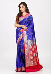 Royal Blue with Rani Border Wedding Benarasi Silk Saree With Blouse Piece - Adi Akshoy & Co.