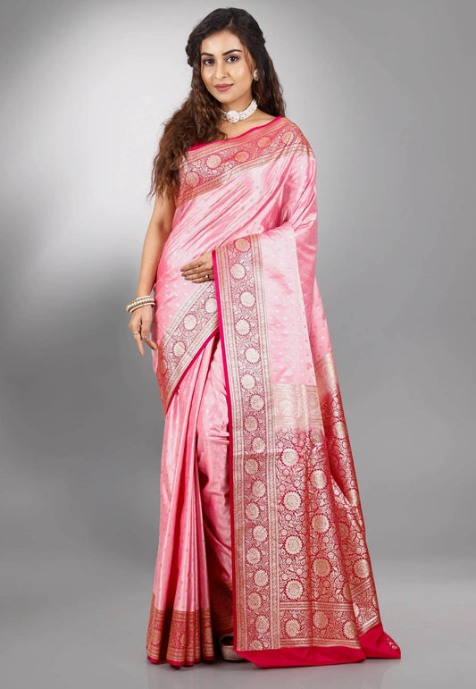 Pink Pastel Banarasi Silk Saree With Blouse Piece - Adi Akshoy & Co.