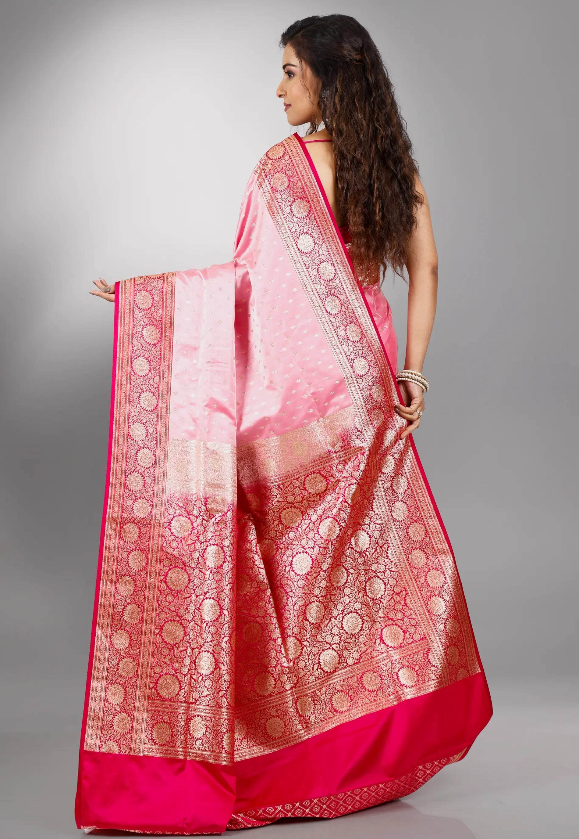 Pink Pastel Banarasi Silk Saree With Blouse Piece - Adi Akshoy & Co.