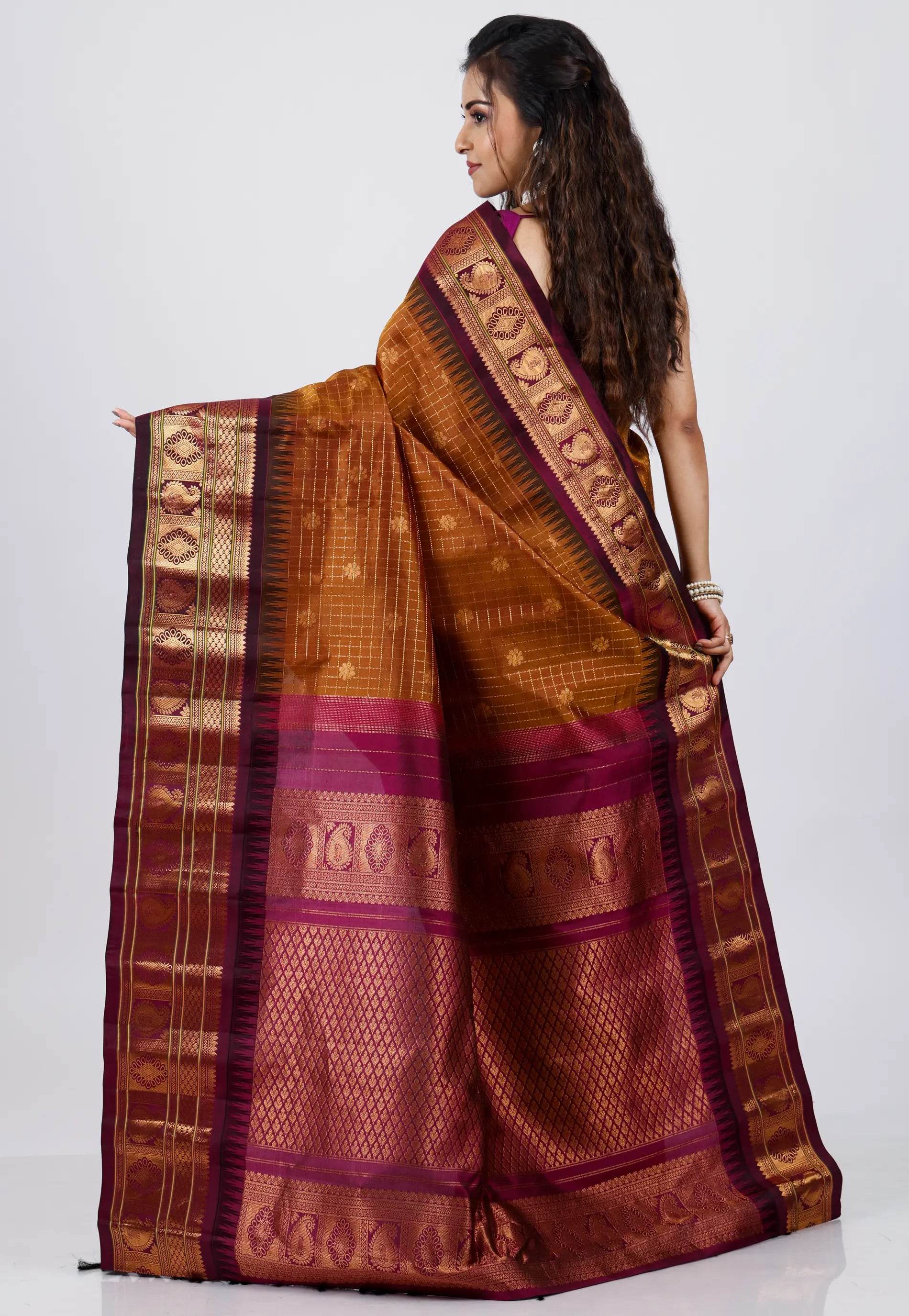 Brown with Magenta Border Gadwal Pure Silk Saree With Blouse Piece - Adi Akshoy & Co.