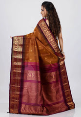 Brown with Magenta Border Gadwal Pure Silk Saree With Blouse Piece - Adi Akshoy & Co.