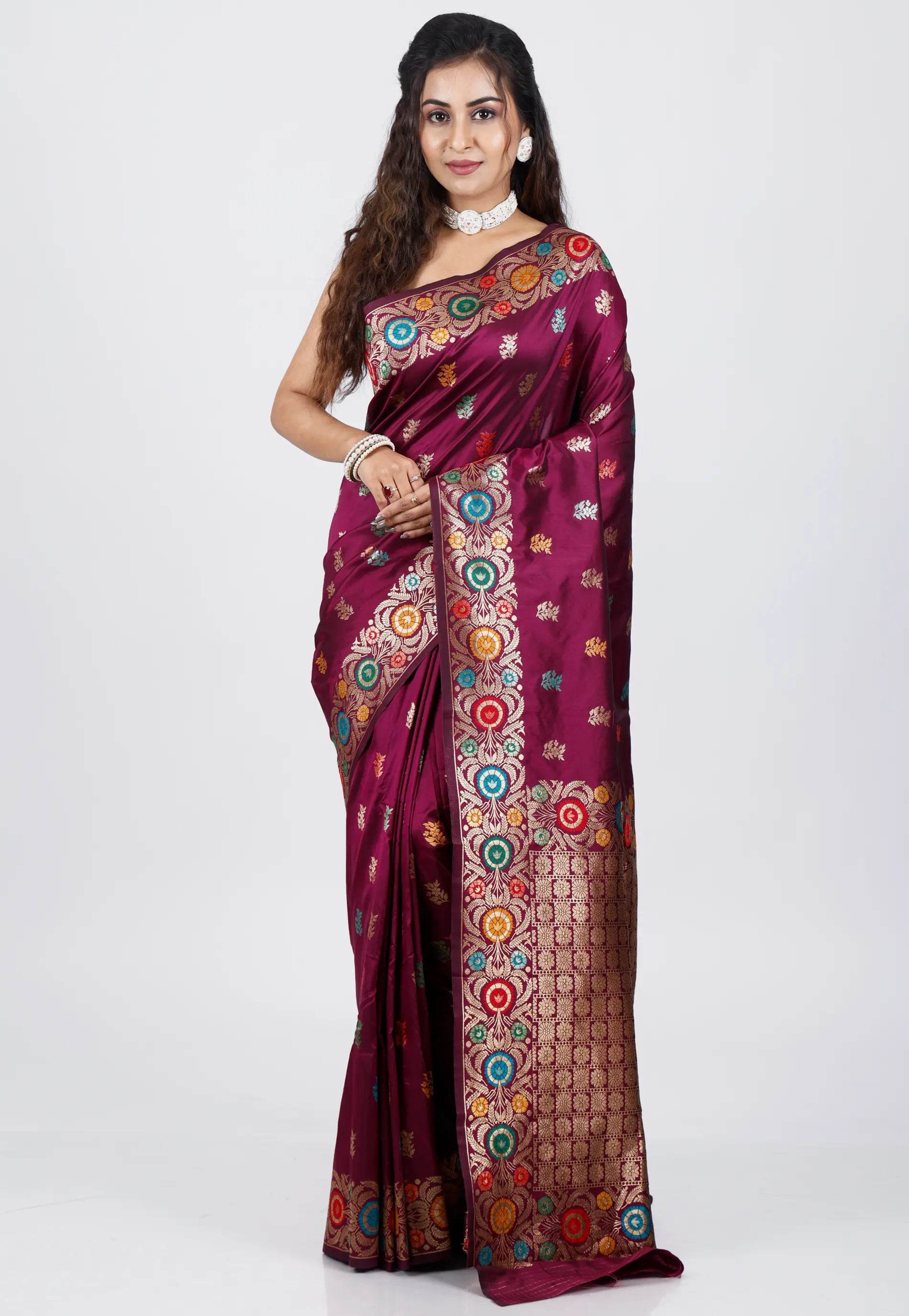 Magenta Minakari Kanjivaram Silk Saree With Blouse Piece - Adi Akshoy & Co.