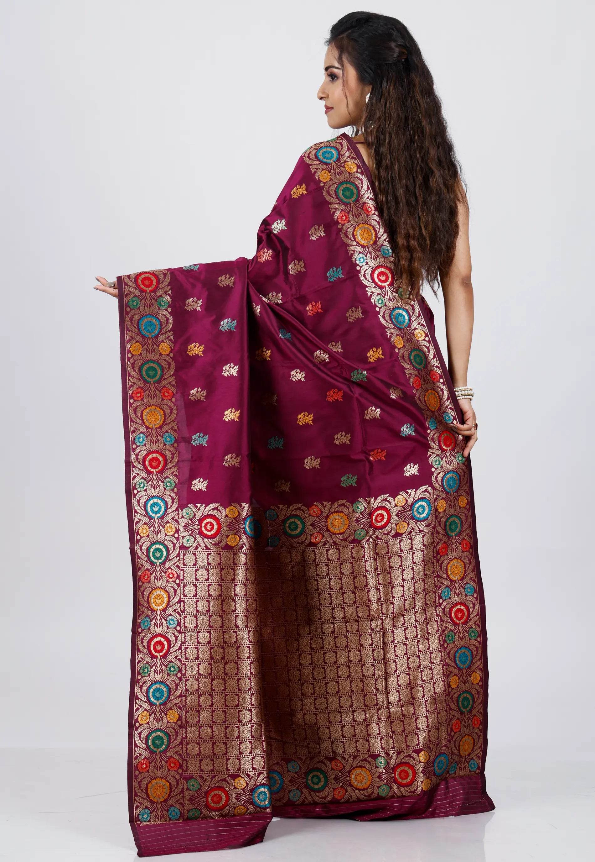 Magenta Minakari Kanjivaram Silk Saree With Blouse Piece - Adi Akshoy & Co.