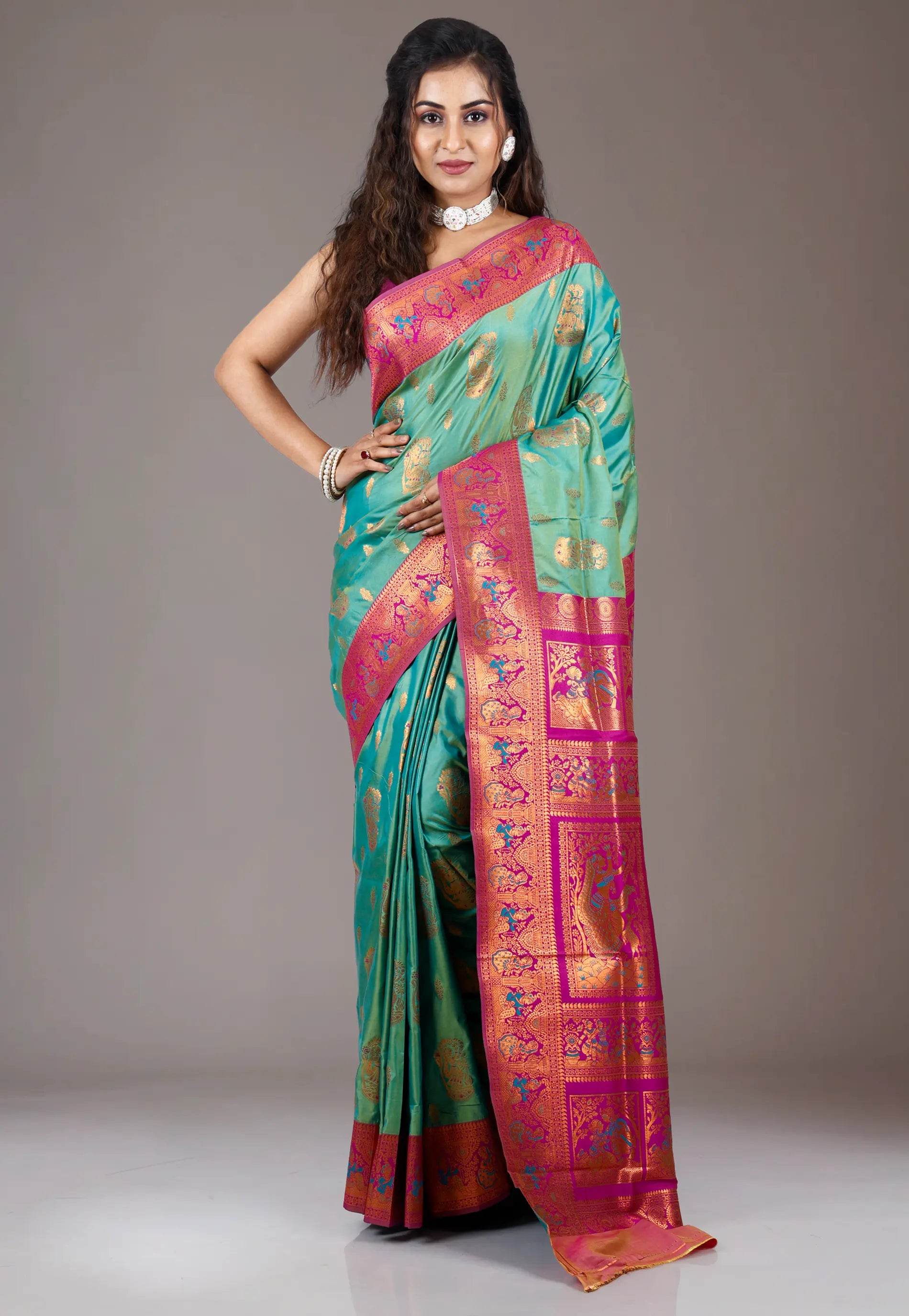 Rama Green with Rani Border Baluchari Silk Saree with Blouse Piece - Adi Akshoy & Co.