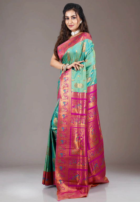 Rama Green with Rani Border Baluchari Silk Saree with Blouse Piece - Adi Akshoy & Co.