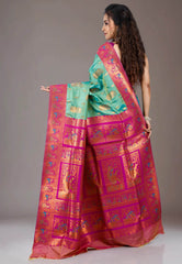Rama Green with Rani Border Baluchari Silk Saree with Blouse Piece - Adi Akshoy & Co.