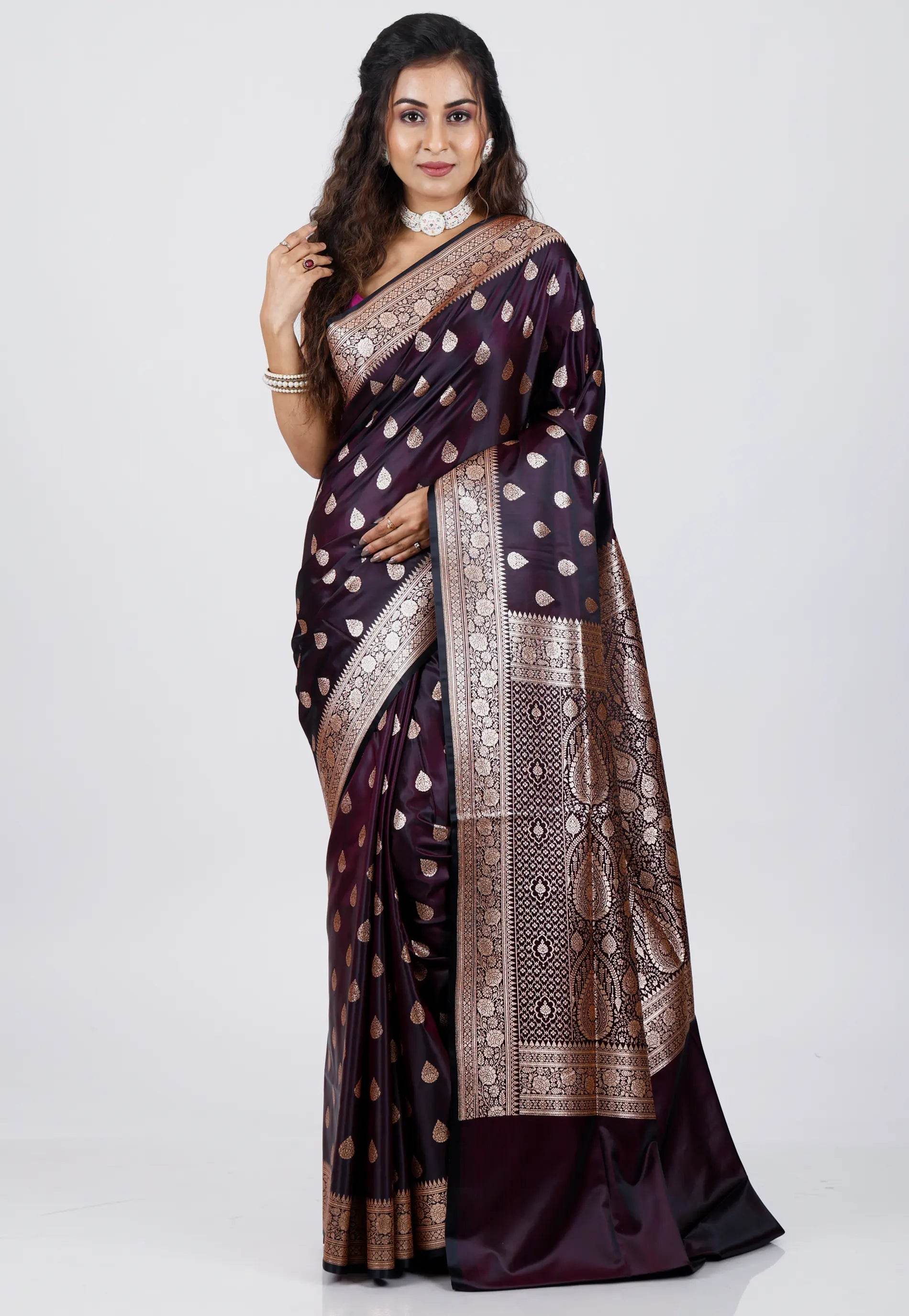 Dark Purple Wedding Banarasi Silk Saree with Blouse Piece - Adi Akshoy & Co.