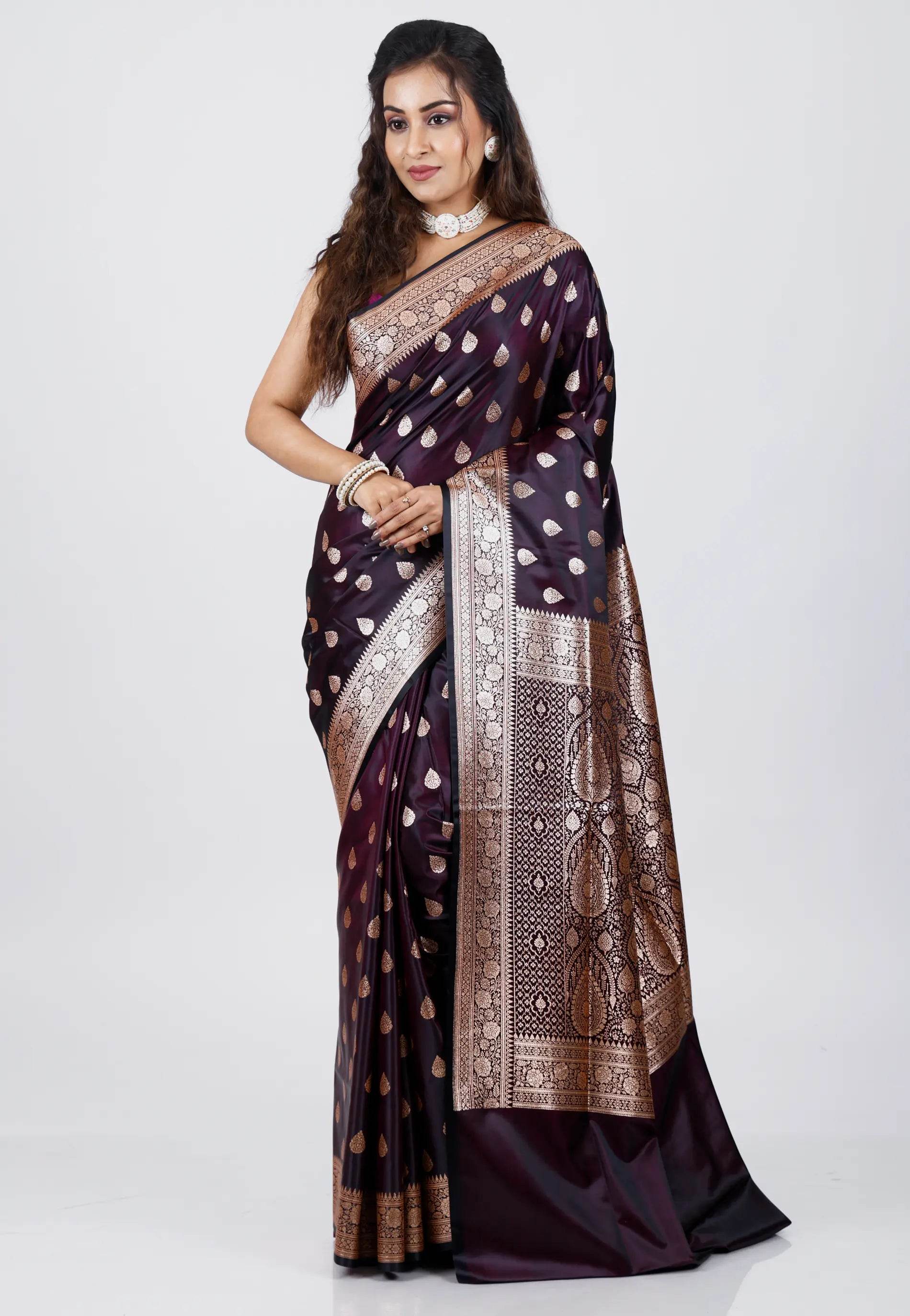 Dark Purple Wedding Banarasi Silk Saree with Blouse Piece - Adi Akshoy & Co.