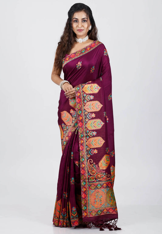 Magenta Kani Silk Saree With Blouse Piece - Adi Akshoy & Co.