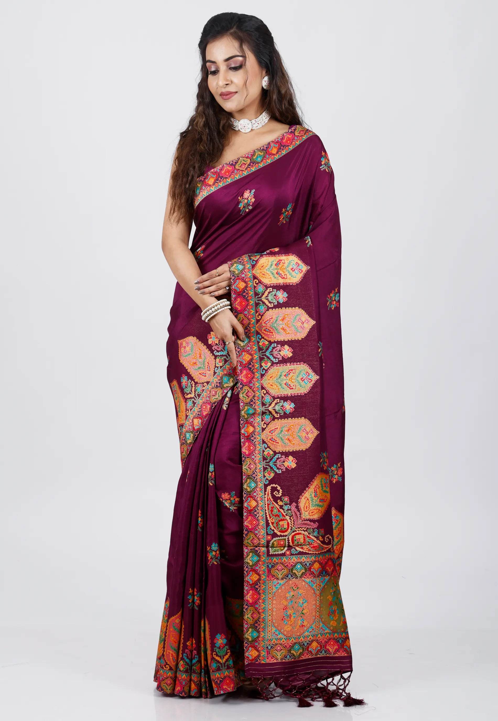 Magenta Kani Silk Saree With Blouse Piece - Adi Akshoy & Co.