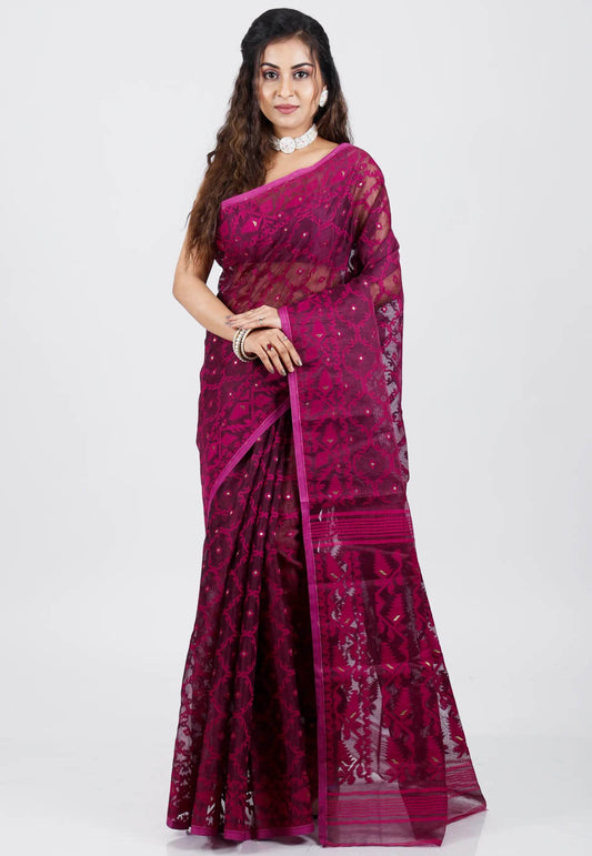 Magenta Dhakai Jamdani Cotton Saree without Blouse Piece - Adi Akshoy & Co.