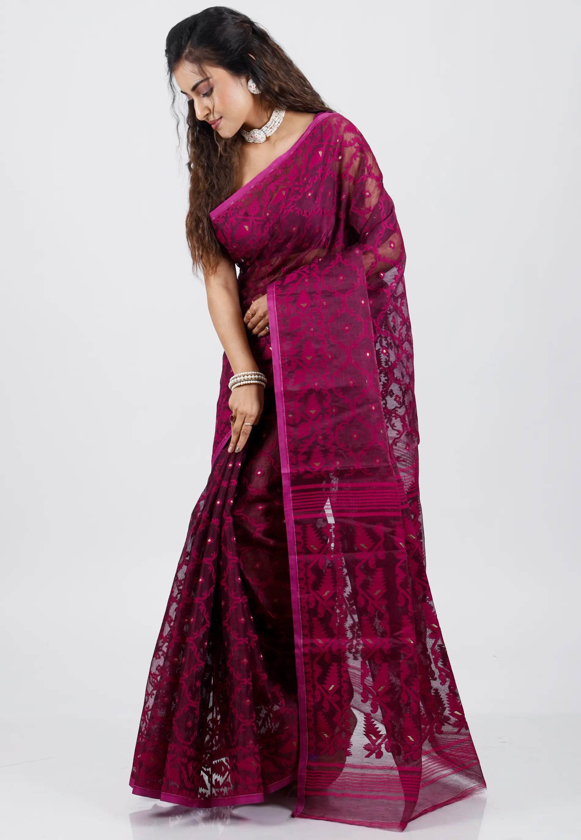 Magenta Dhakai Jamdani Cotton Saree without Blouse Piece - Adi Akshoy & Co.