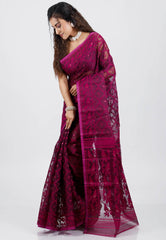 Magenta Dhakai Jamdani Cotton Saree without Blouse Piece - Adi Akshoy & Co.