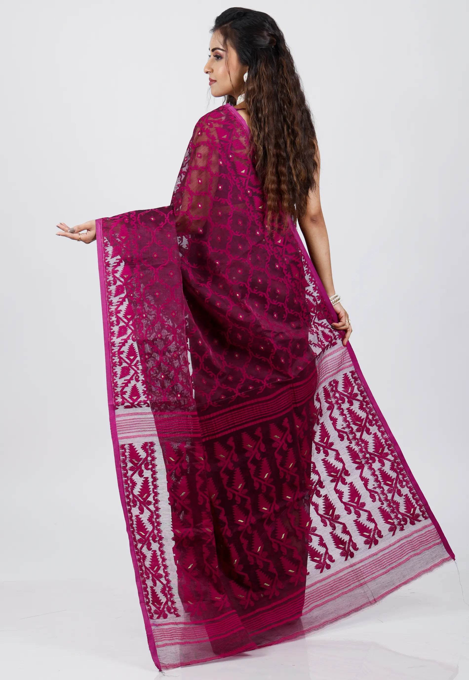 Magenta Dhakai Jamdani Cotton Saree without Blouse Piece - Adi Akshoy & Co.