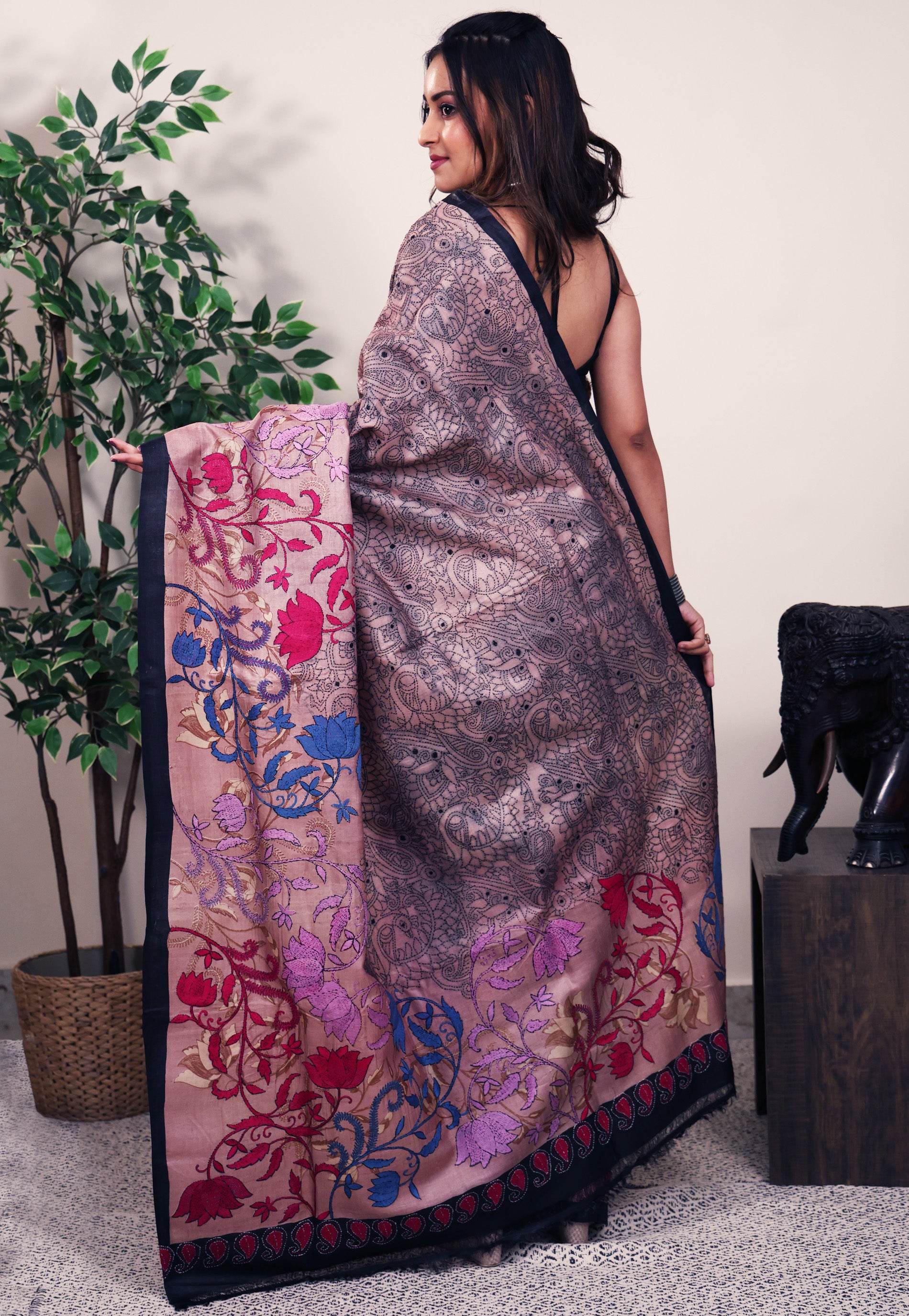 Tussar Pure Silk Kantha Saree With Blouse Piece - Adi Akshoy & Co.