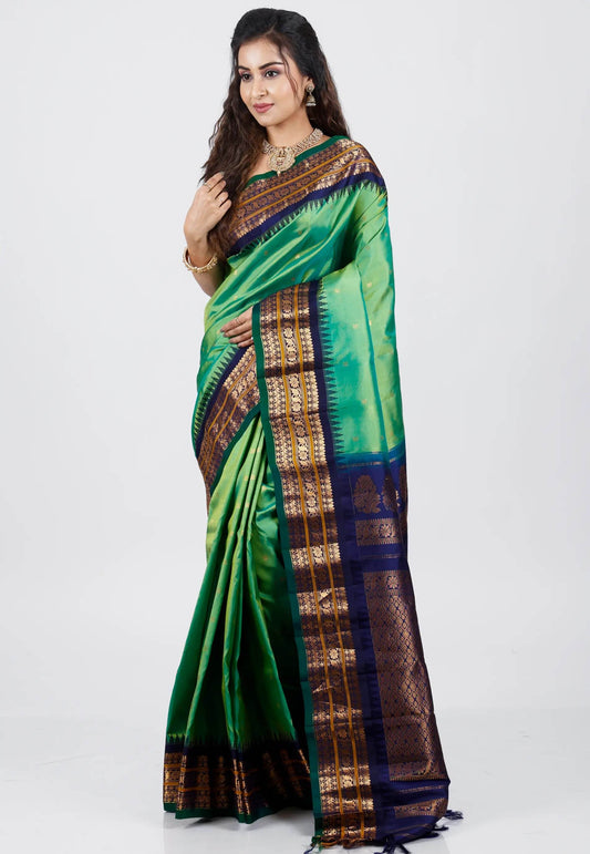 Ramma Green with Blue Border Gadwal Pure Silk Saree With Blouse Piece - Adi Akshoy & Co.