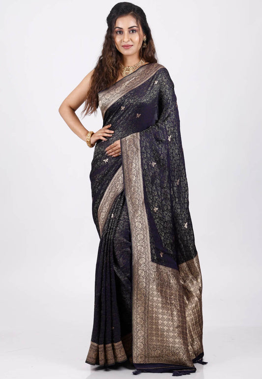 Deep Blue Mashru Silk Saree With Blouse Piece - Adi Akshoy & Co.