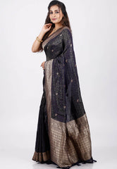 Deep Blue Mashru Silk Saree With Blouse Piece - Adi Akshoy & Co.