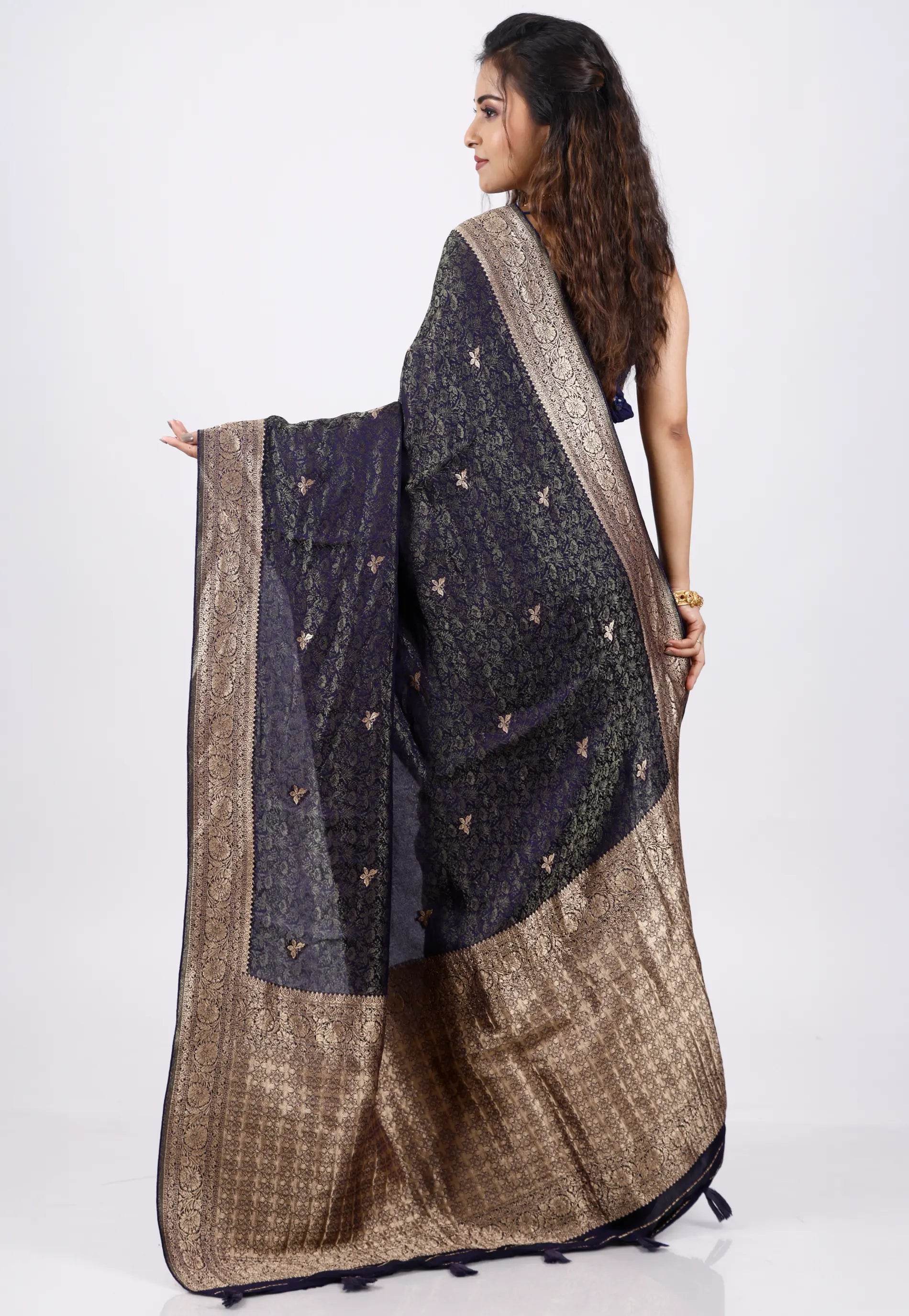 Deep Blue Mashru Silk Saree With Blouse Piece - Adi Akshoy & Co.