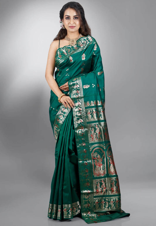 Bottle Green Baluchari Pure Silk Saree with Blouse Piece - Adi Akshoy & Co.