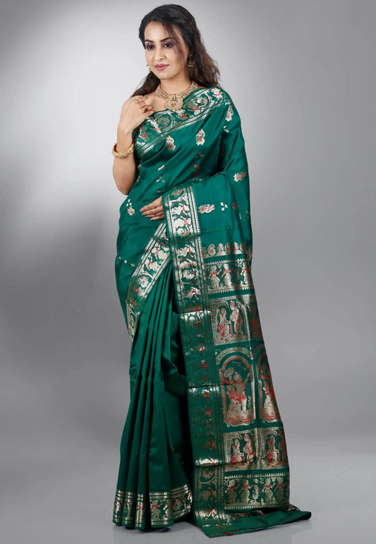 Bottle Green Baluchari Pure Silk Saree with Blouse Piece - Adi Akshoy & Co.