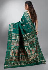 Bottle Green Baluchari Pure Silk Saree with Blouse Piece - Adi Akshoy & Co.