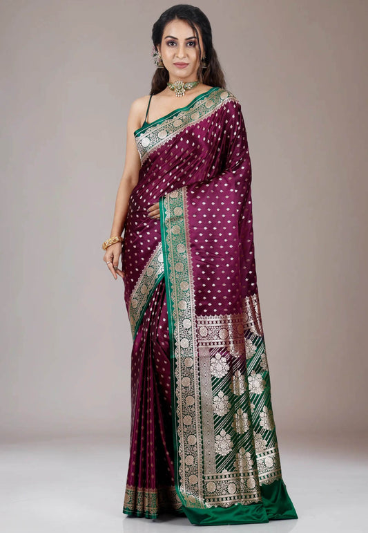 Magenta with Green Border Wedding Banarasi Silk Saree with Blouse Piece - Adi Akshoy & Co.
