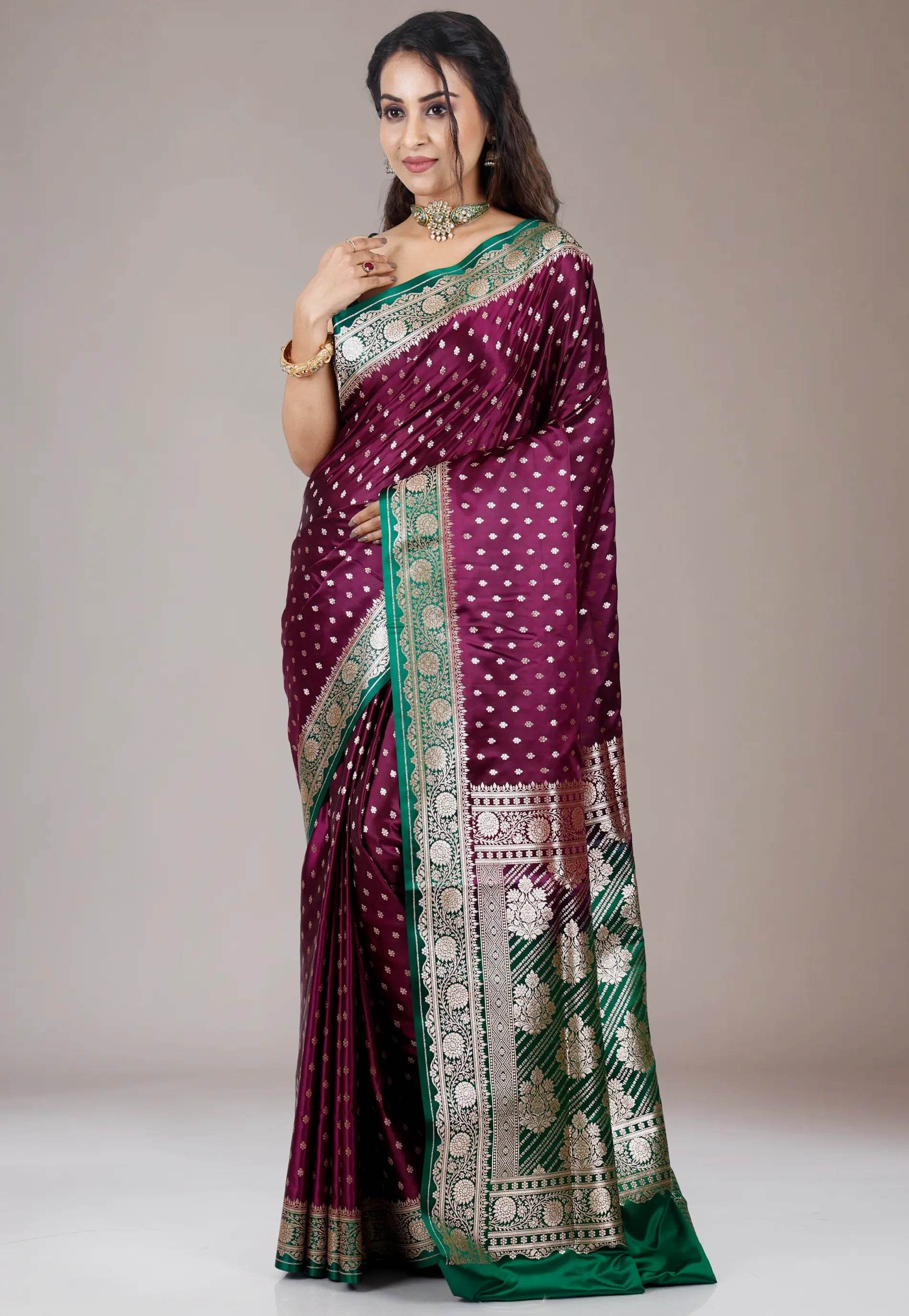 Magenta with Green Border Wedding Banarasi Silk Saree with Blouse Piece - Adi Akshoy & Co.