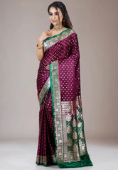 Magenta with Green Border Wedding Banarasi Silk Saree with Blouse Piece - Adi Akshoy & Co.