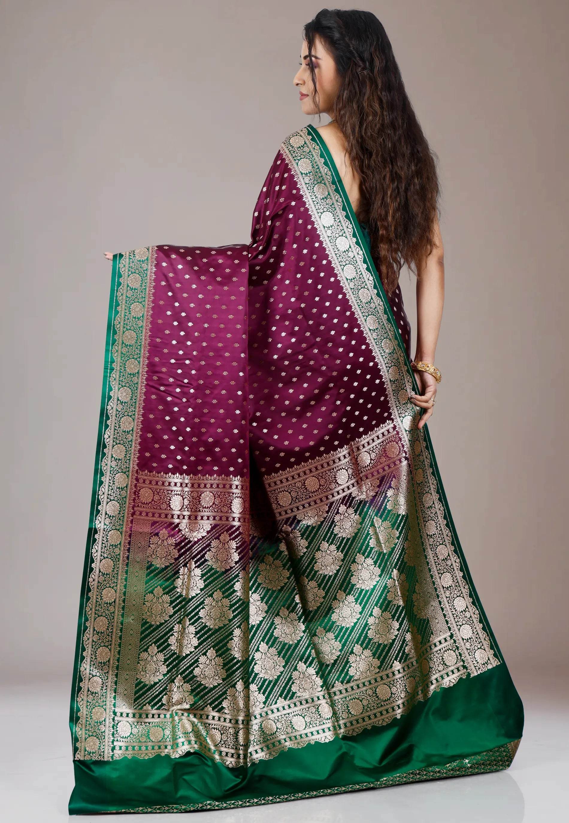Magenta with Green Border Wedding Banarasi Silk Saree with Blouse Piece - Adi Akshoy & Co.