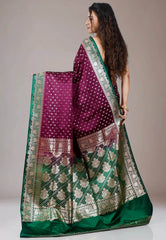 Magenta with Green Border Wedding Banarasi Silk Saree with Blouse Piece - Adi Akshoy & Co.